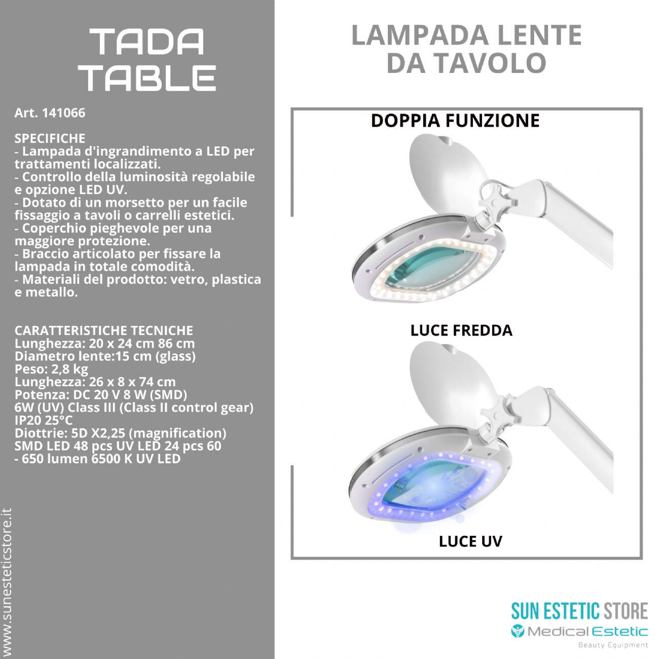 Tada lampada lente da tavolo 5 diottrie 2 funzione luce fredda e luce UV