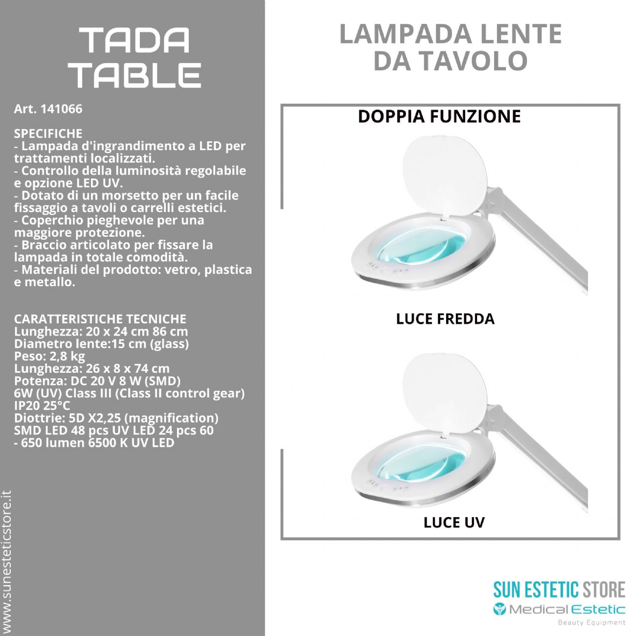 Tada lampada lente da tavolo 5 diottrie 2 funzione luce fredda e luce UV