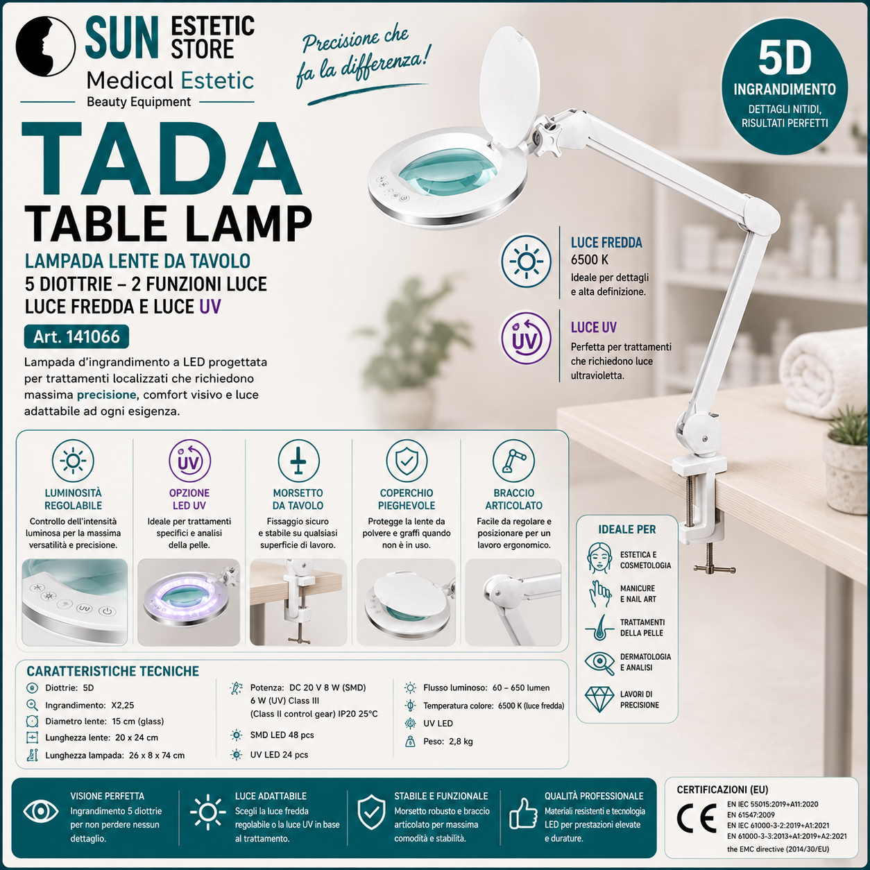 Tada table lampada lente da tavolo 5 diottrie 2 funzione luce fredda e luce UV