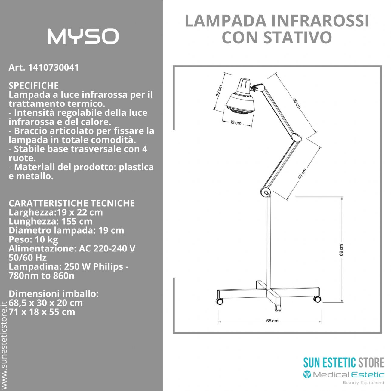 Myso lampada infrarossi con stativo per terapia del calore