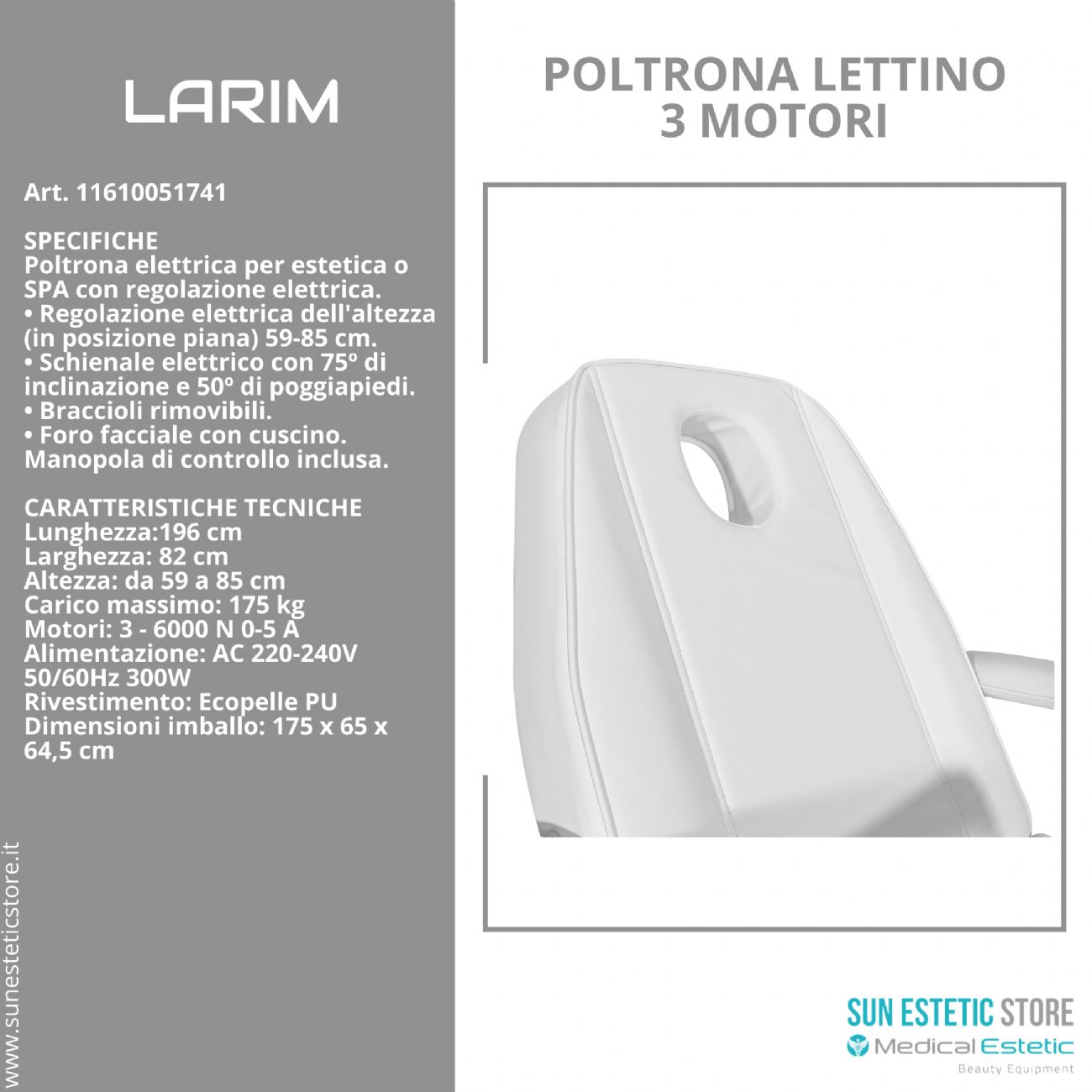 Larim poltrona lettino elettrica 3 motori per estetica spa