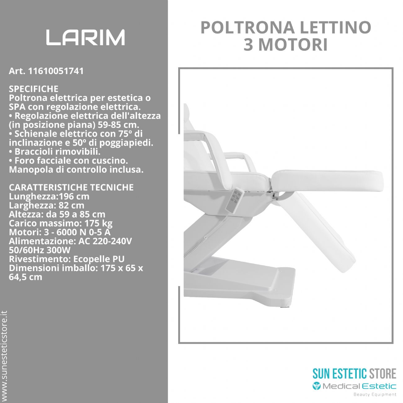 Larim poltrona lettino elettrica 3 motori per estetica spa