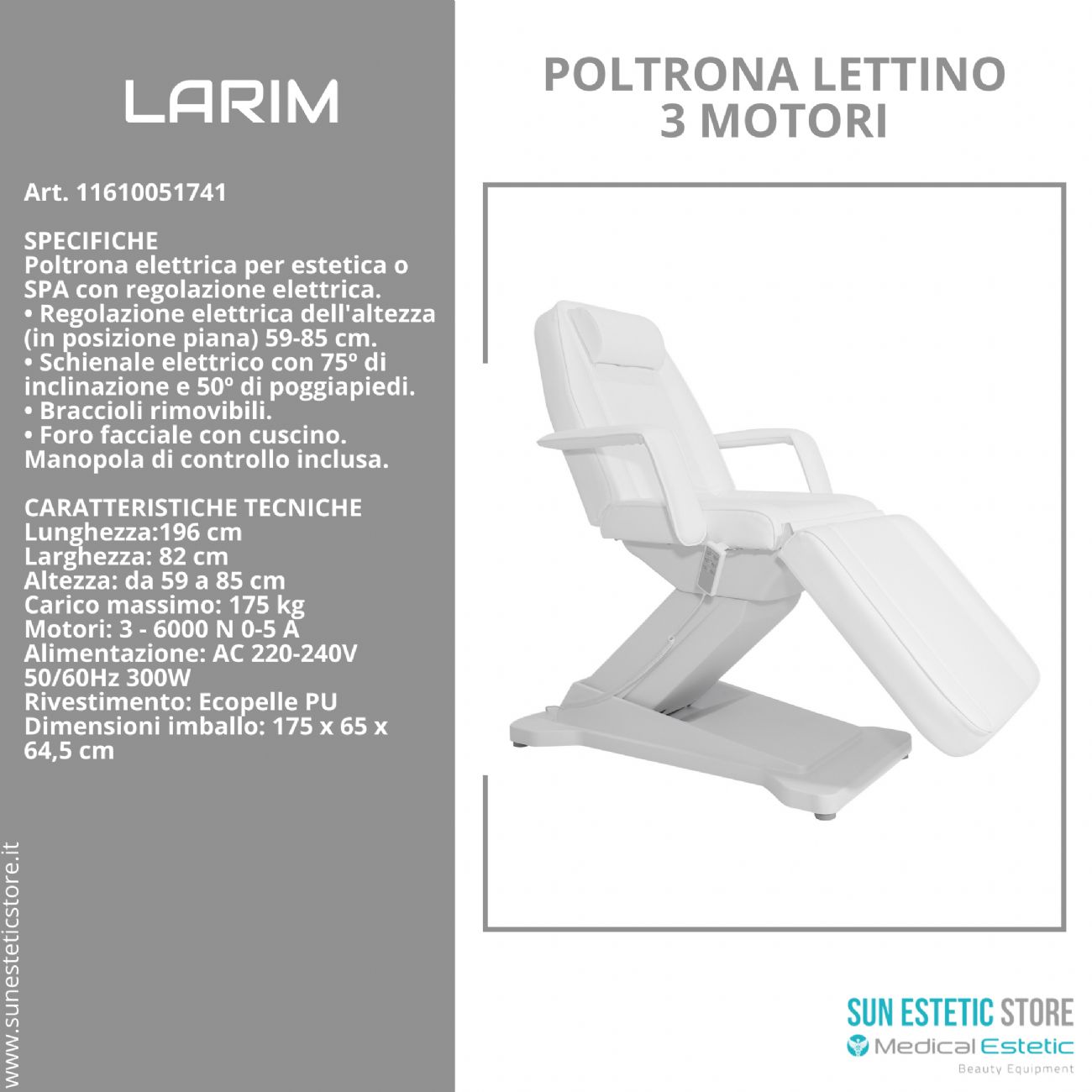 Larim poltrona lettino elettrica 3 motori per estetica spa