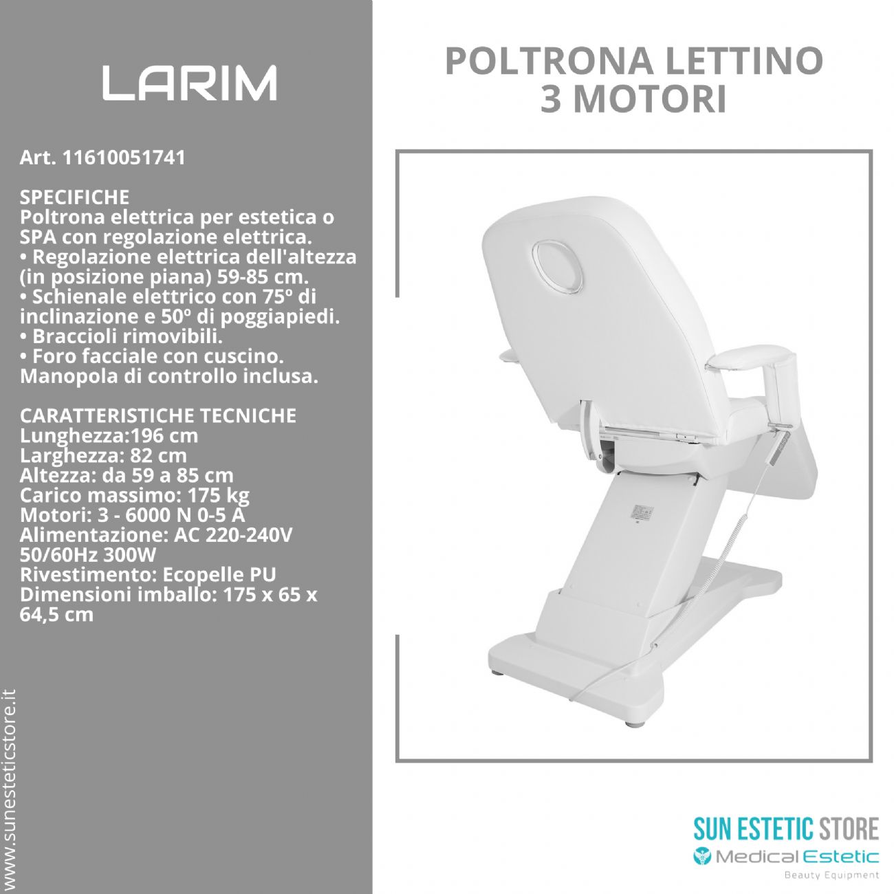 Larim poltrona lettino elettrica 3 motori per estetica spa