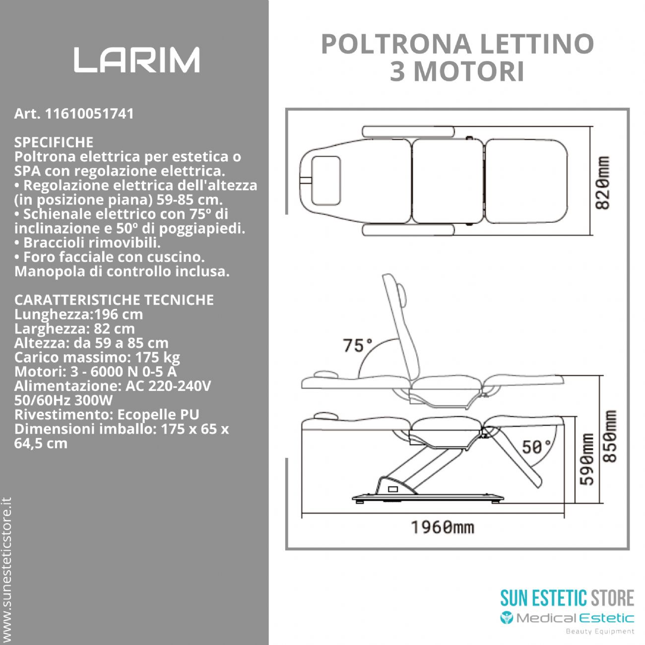 Larim poltrona lettino elettrica 3 motori per estetica spa