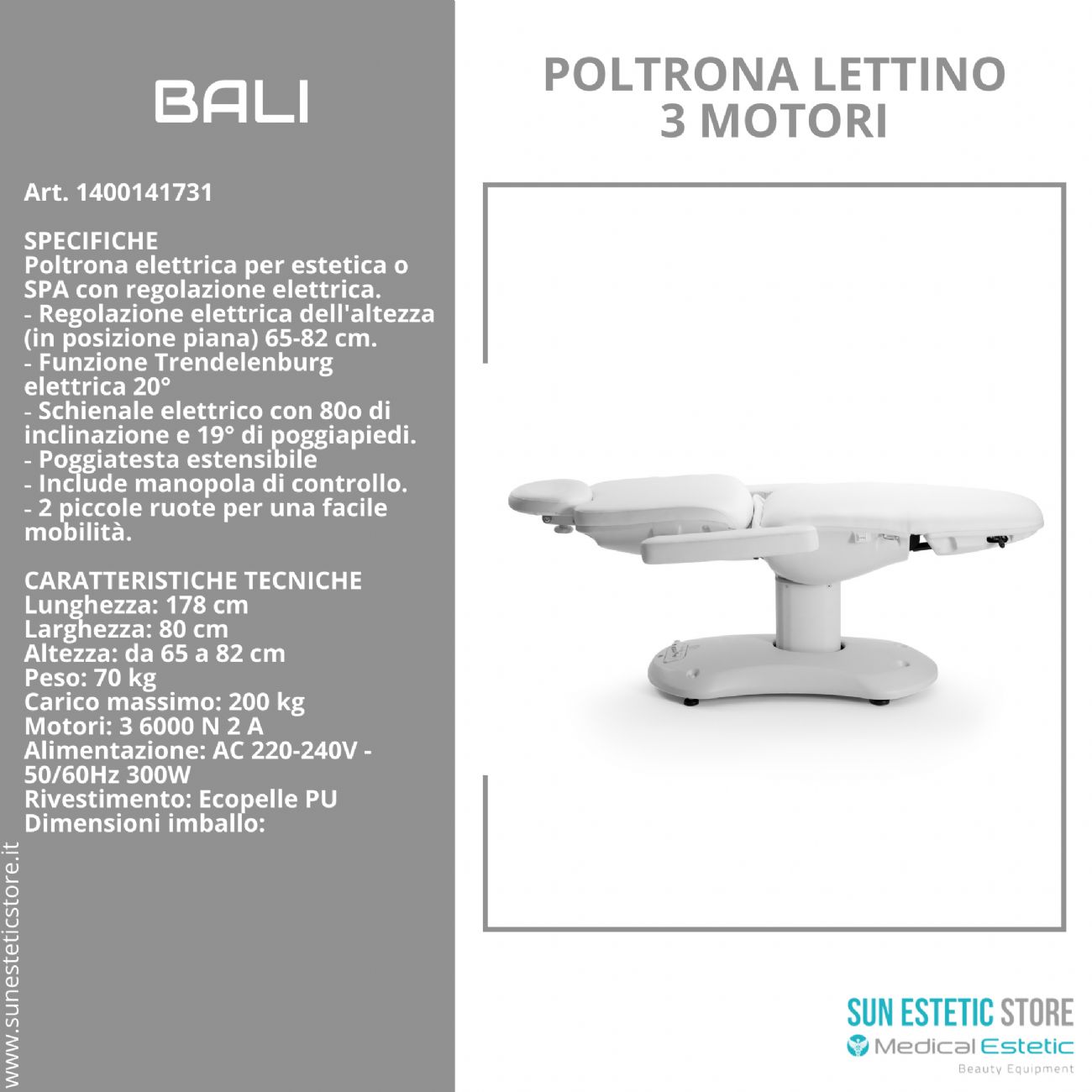 Bali poltrona lettino elettrica tre motori per estetica Spa