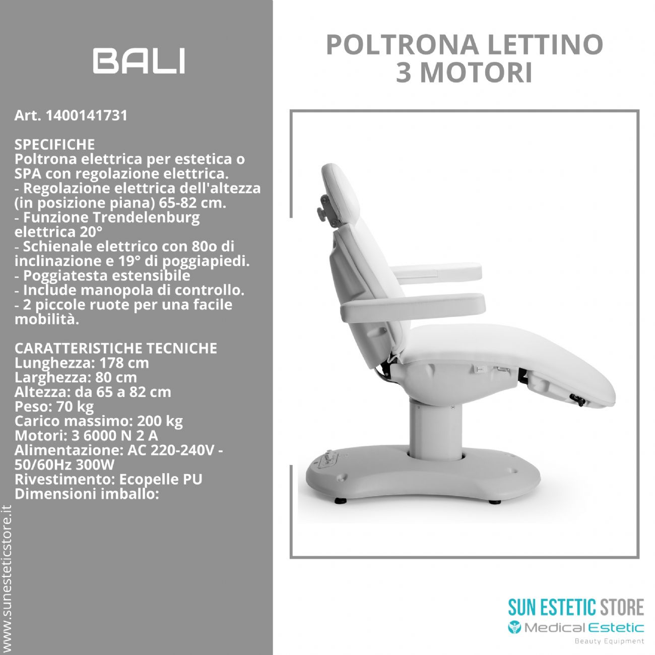 Bali poltrona lettino elettrica tre motori per estetica Spa