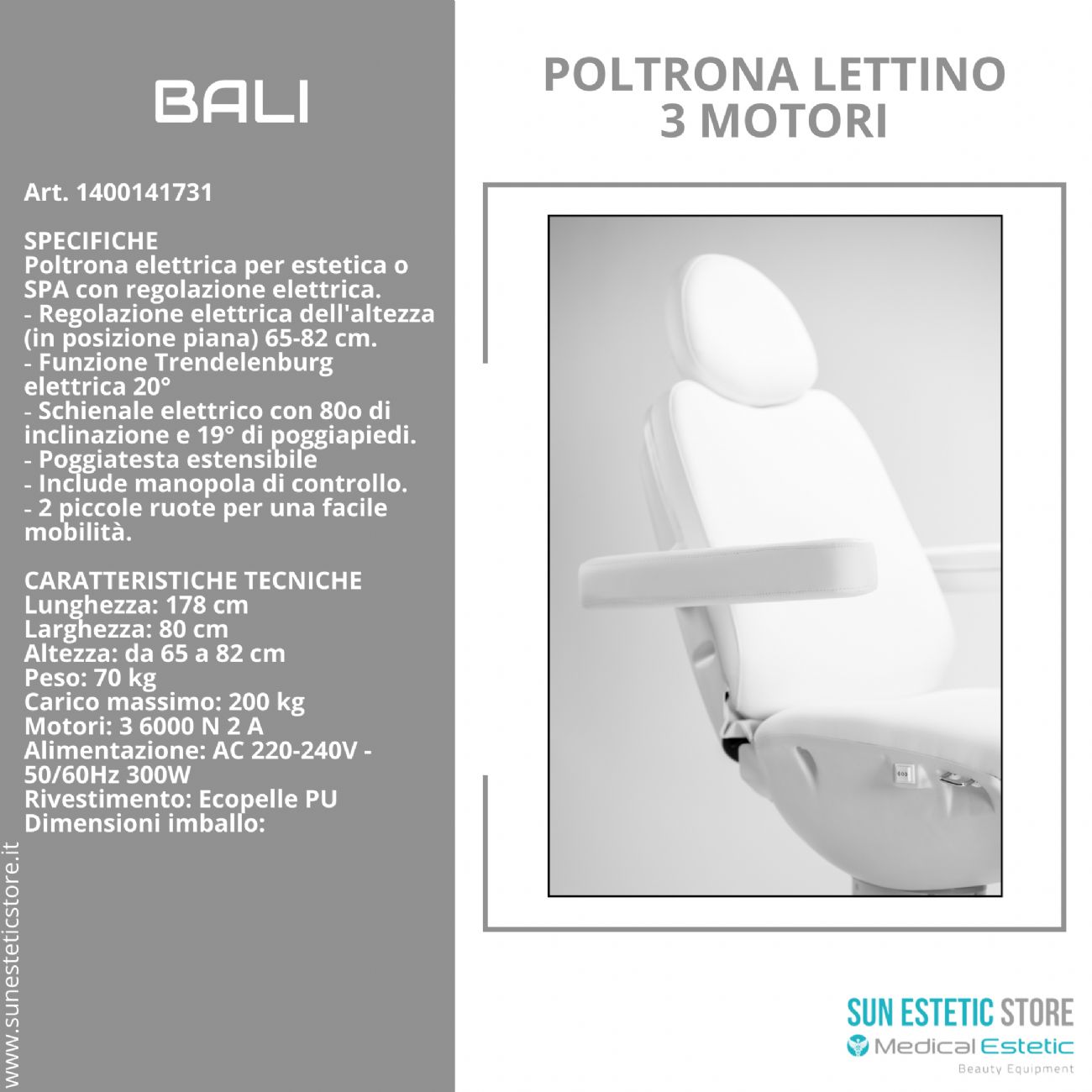 Bali poltrona lettino elettrica tre motori per estetica Spa