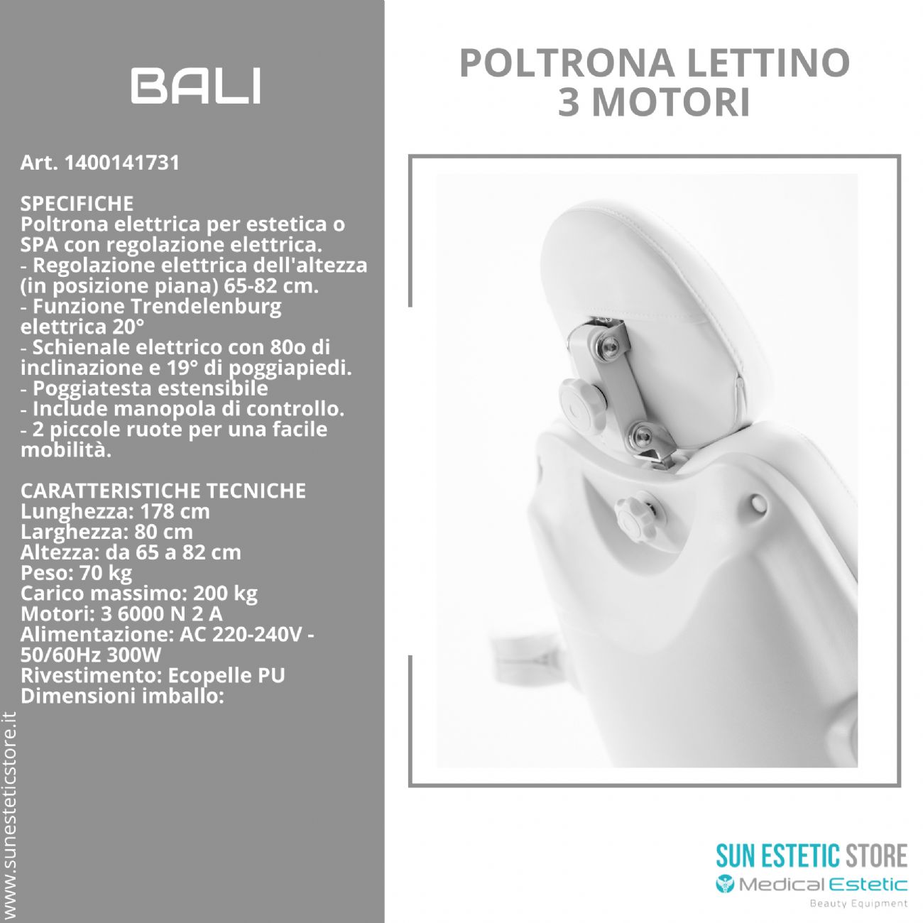 Bali poltrona lettino elettrica tre motori per estetica Spa