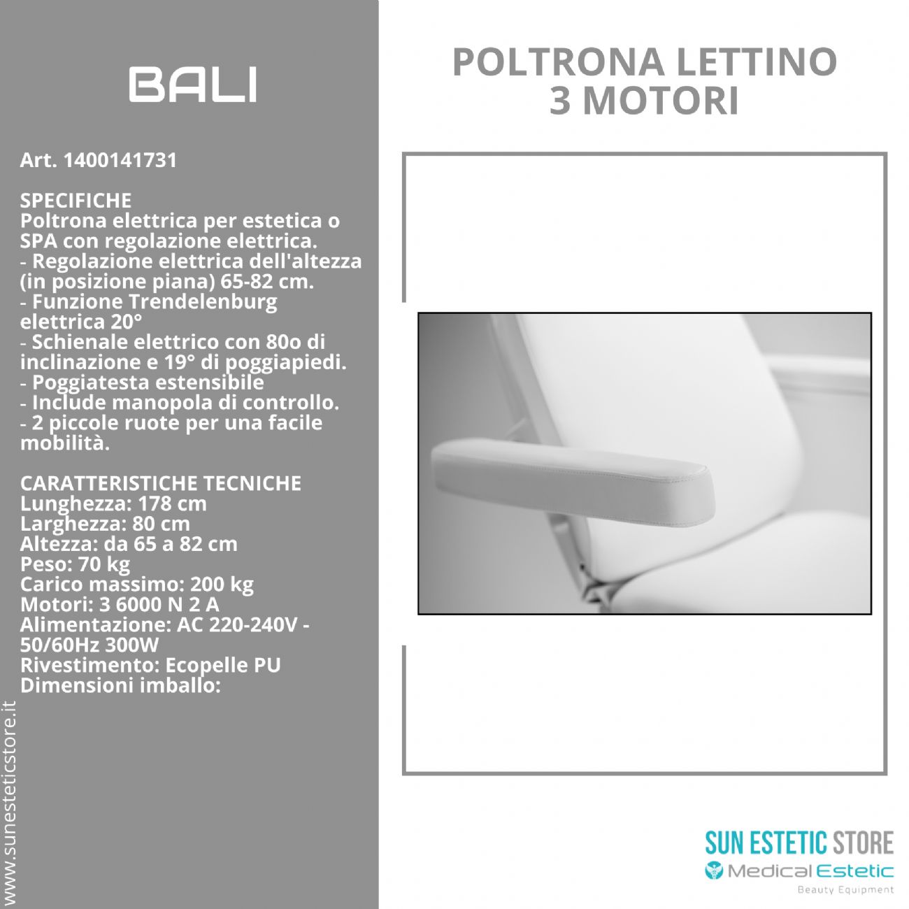 Bali poltrona lettino elettrica tre motori per estetica Spa