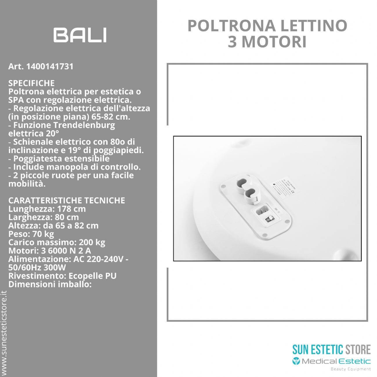 Bali poltrona lettino elettrica tre motori per estetica Spa