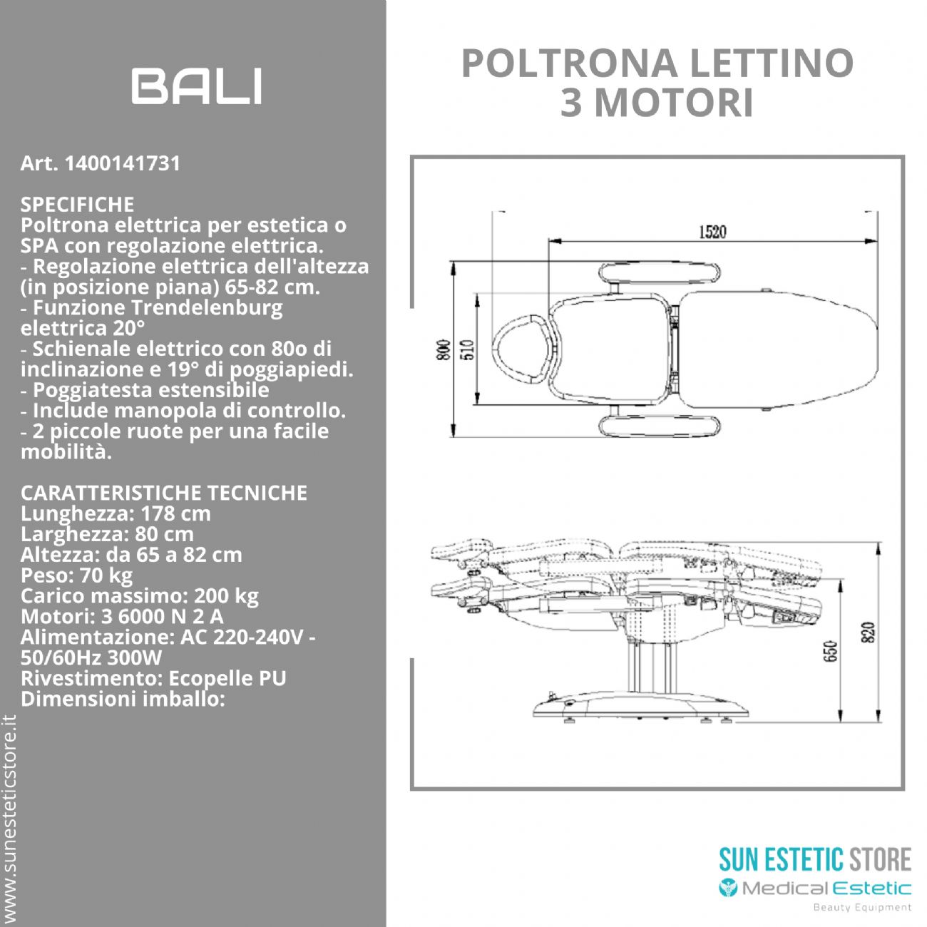 Bali poltrona lettino elettrica tre motori per estetica Spa