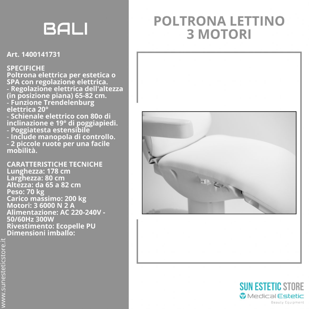 Bali poltrona lettino elettrica tre motori per estetica Spa