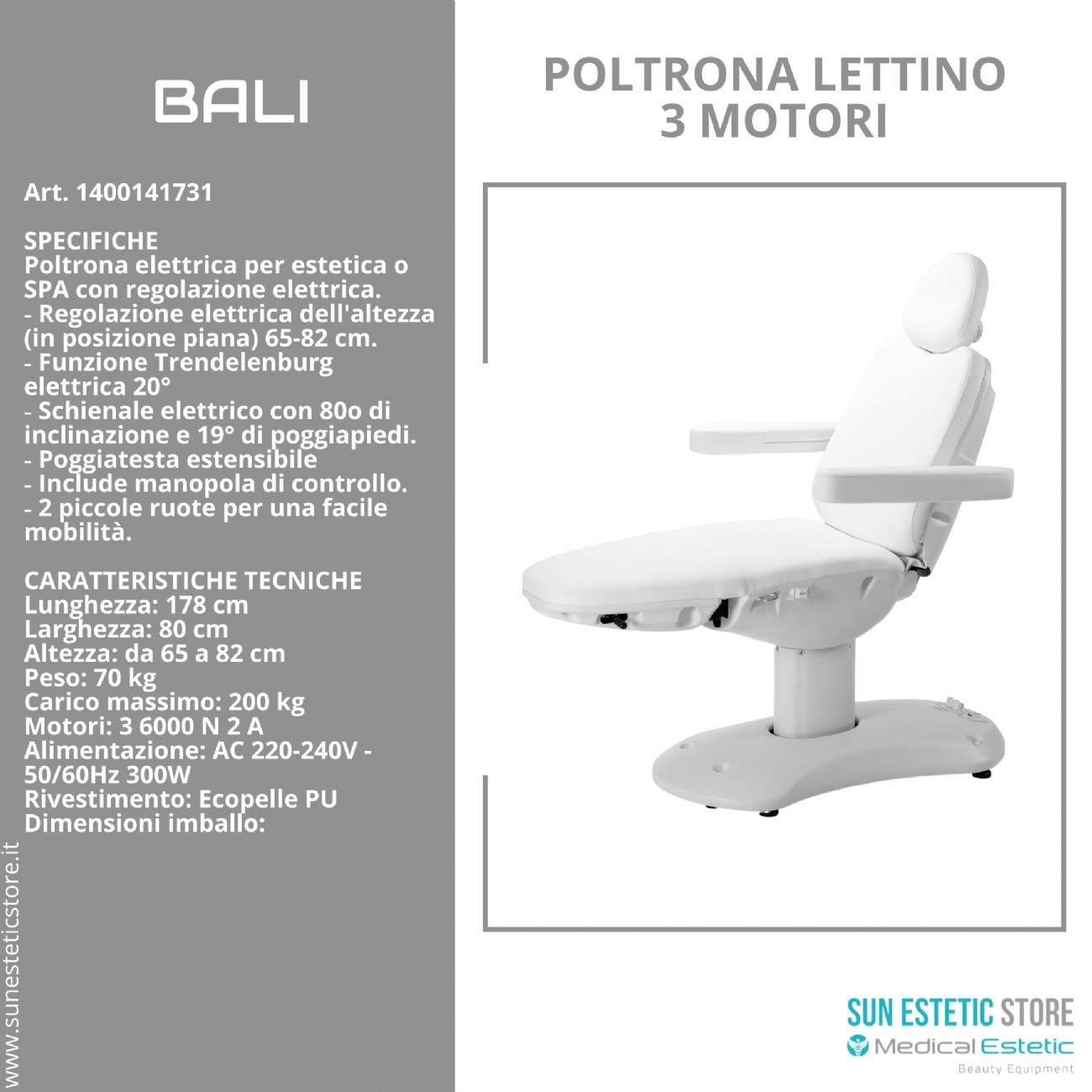 Bali poltrona lettino elettrica tre motori per estetica Spa