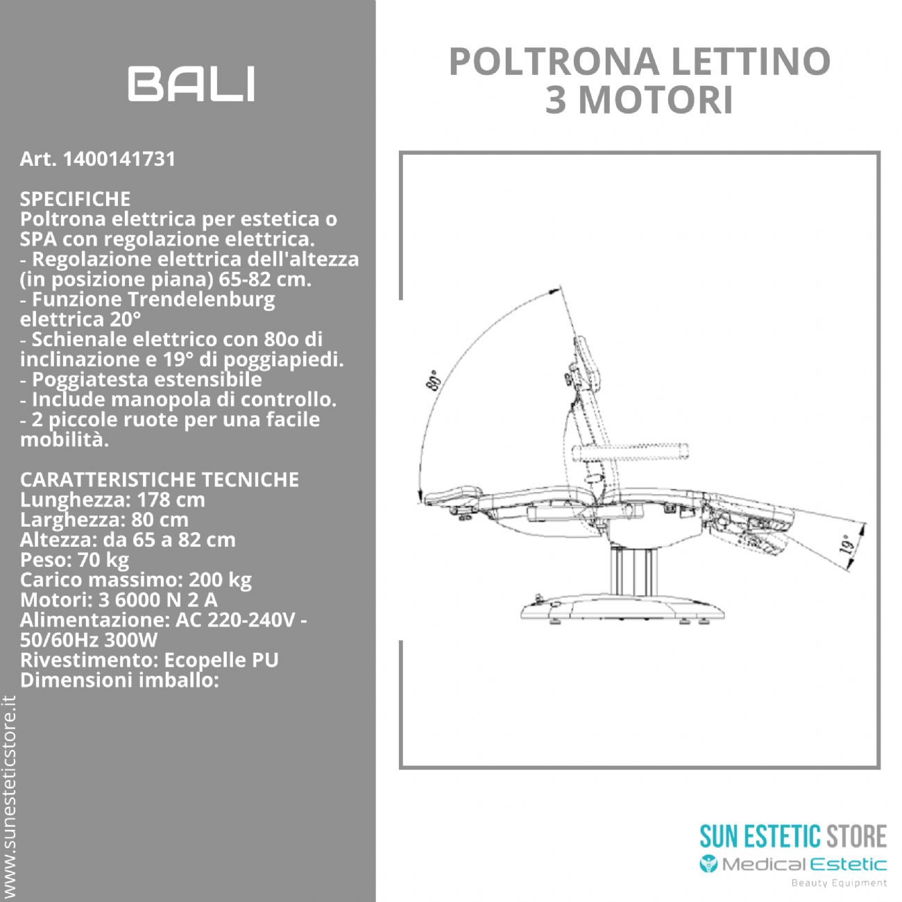 Bali poltrona lettino elettrica tre motori per estetica Spa