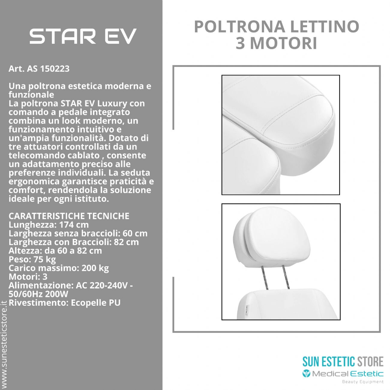 Star Ev Poltrona lettino elettrica 3 motori per estetica Spa