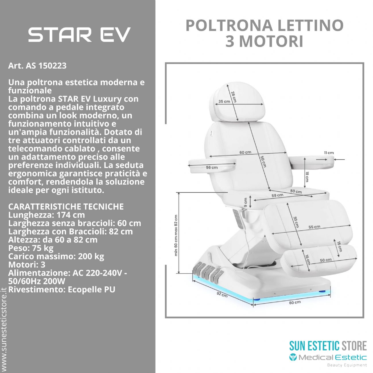 Star Ev Poltrona lettino elettrica 3 motori per estetica Spa