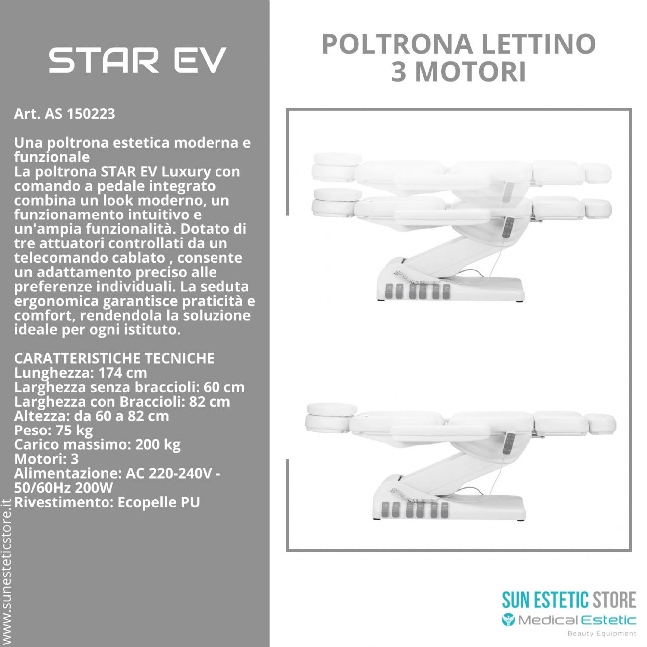 Star Ev Poltrona lettino elettrica 3 motori per estetica Spa