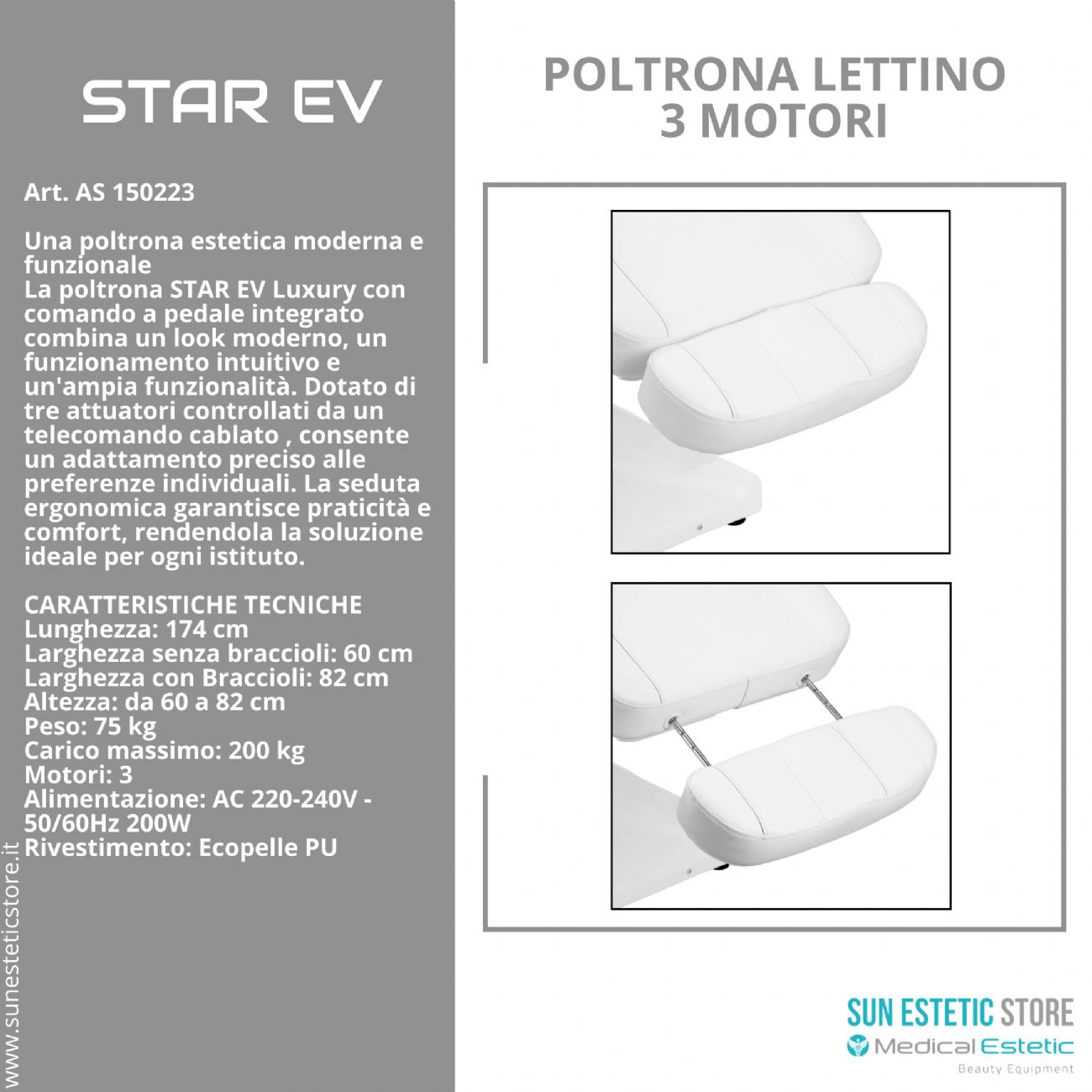 Star Ev Poltrona lettino elettrica 3 motori per estetica Spa