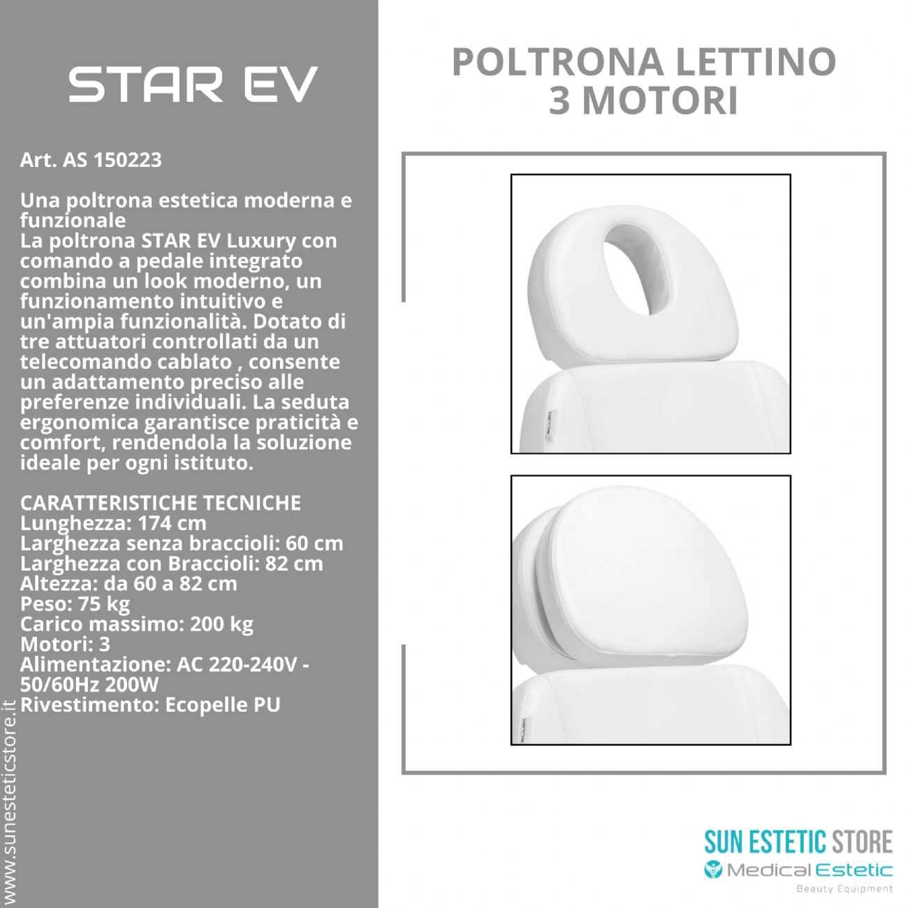 Star Ev Poltrona lettino elettrica 3 motori per estetica Spa