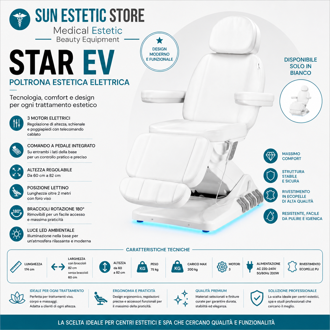 Star Ev Poltrona lettino elettrica 3 motori per estetica Spa