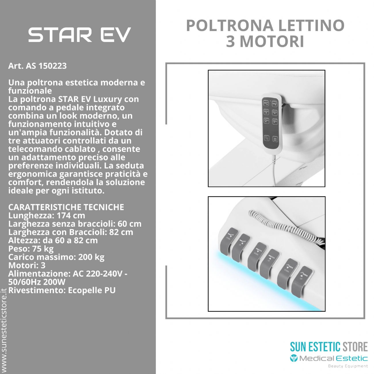 Star Ev Poltrona lettino elettrica 3 motori per estetica Spa