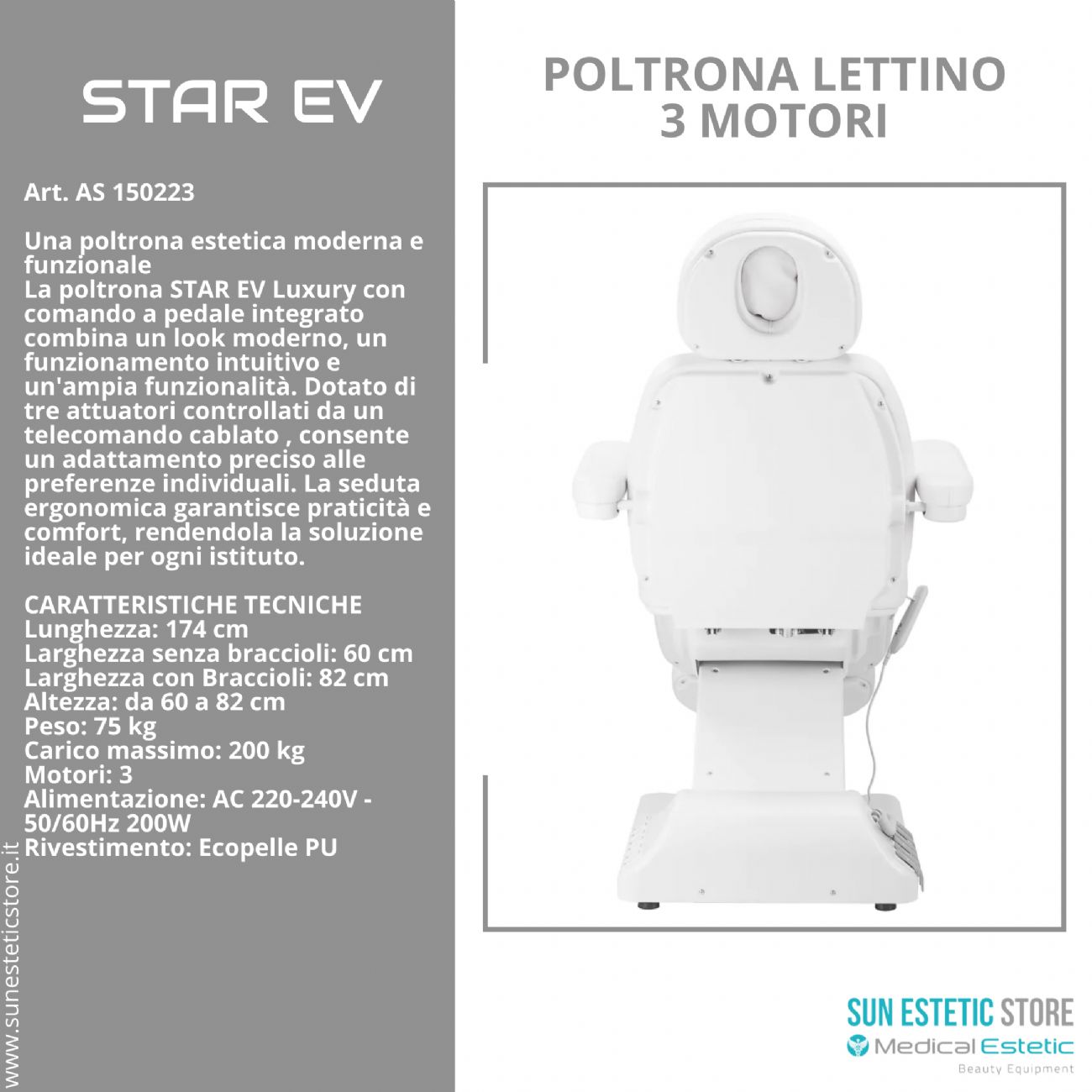 Star Ev Poltrona lettino elettrica 3 motori per estetica Spa