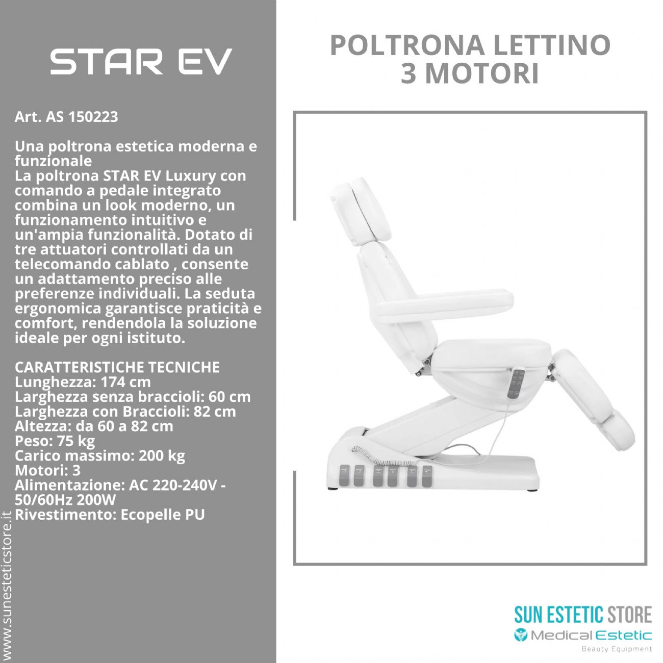 Star Ev Poltrona lettino elettrica 3 motori per estetica Spa