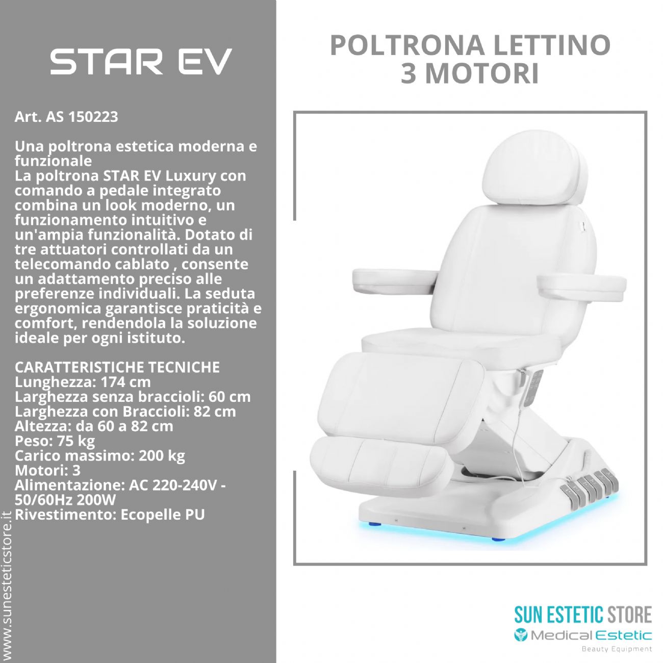 Star Ev Poltrona lettino elettrica 3 motori per estetica Spa