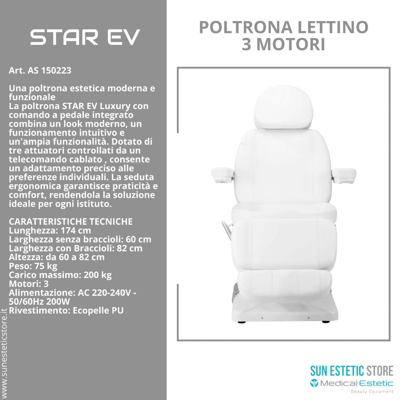 Star Ev Poltrona lettino elettrica 3 motori per estetica Spa