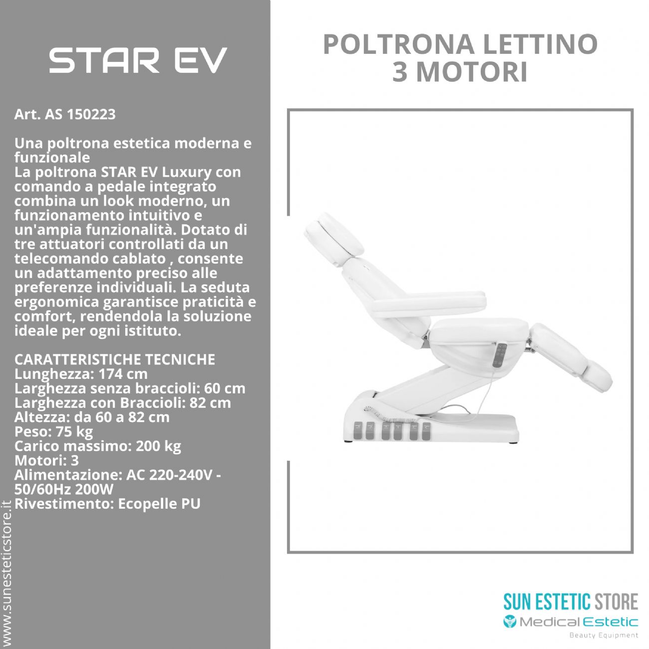 Star Ev Poltrona lettino elettrica 3 motori per estetica Spa