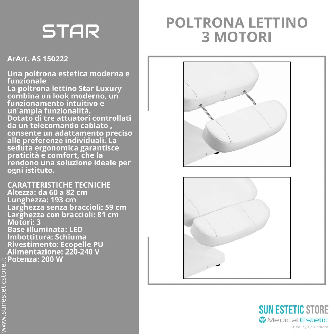 Star poltrona lettino luxury a 3 motori per estetica