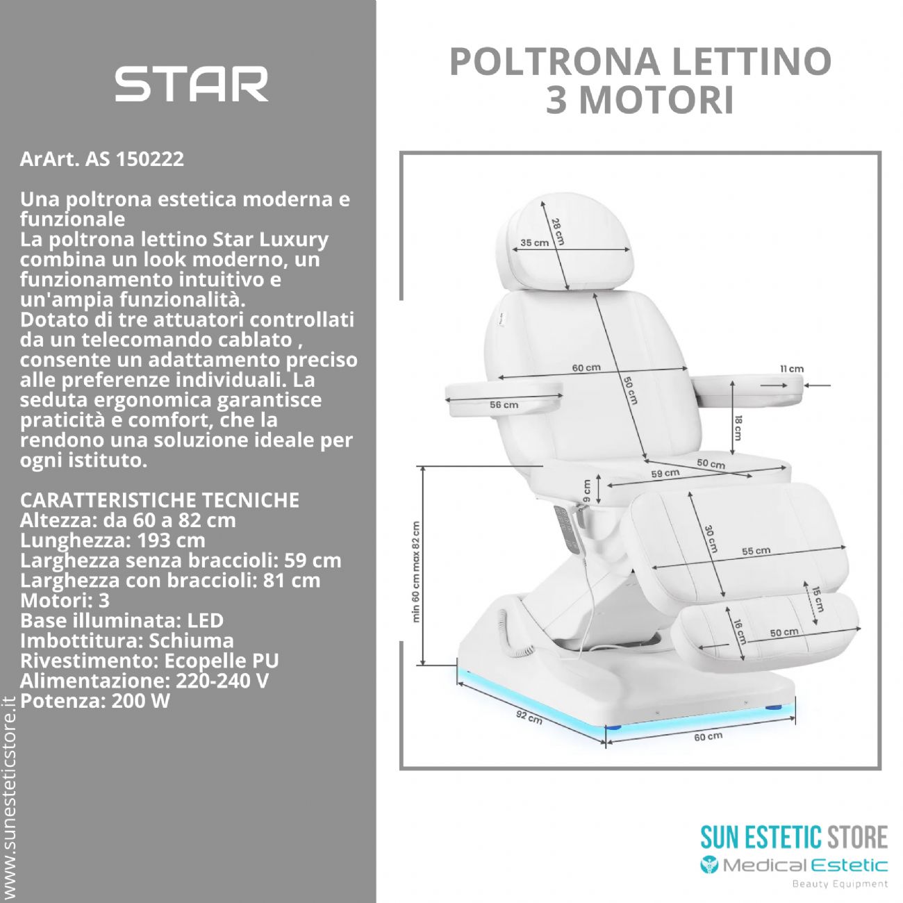 Star poltrona lettino luxury a 3 motori per estetica