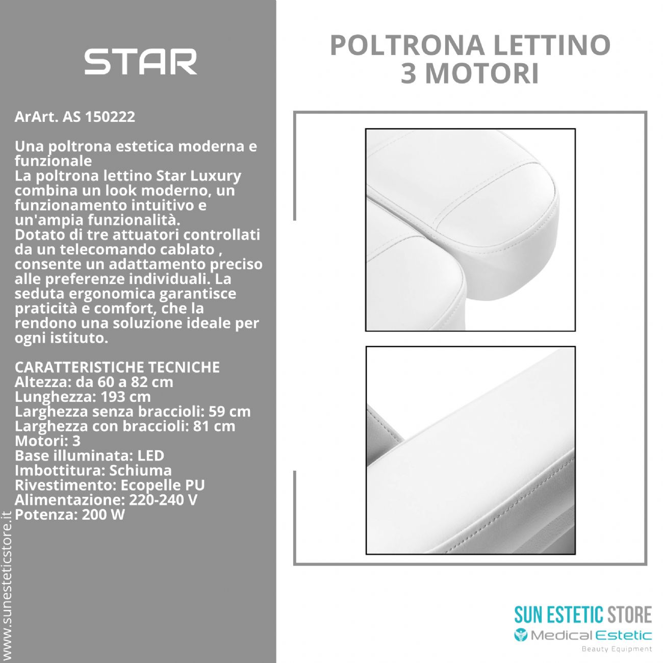 Star poltrona lettino luxury a 3 motori per estetica