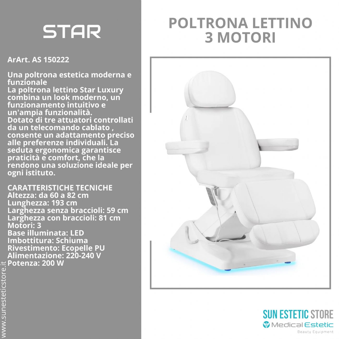 Star poltrona lettino luxury a 3 motori per estetica