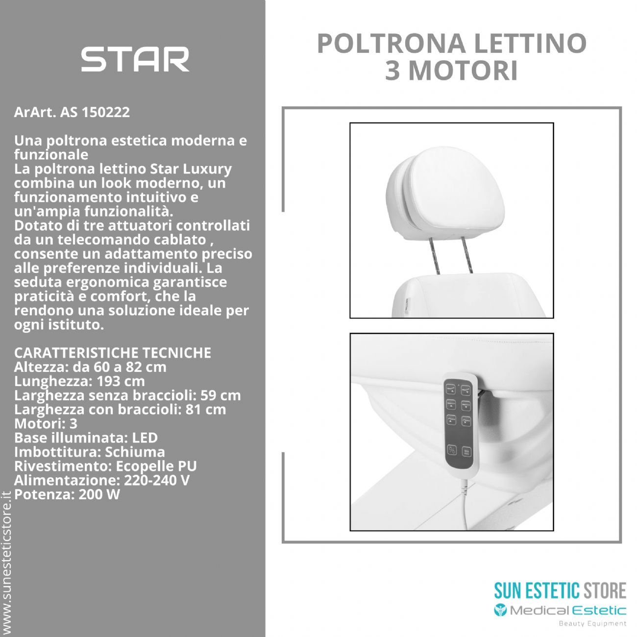 Star poltrona lettino luxury a 3 motori per estetica