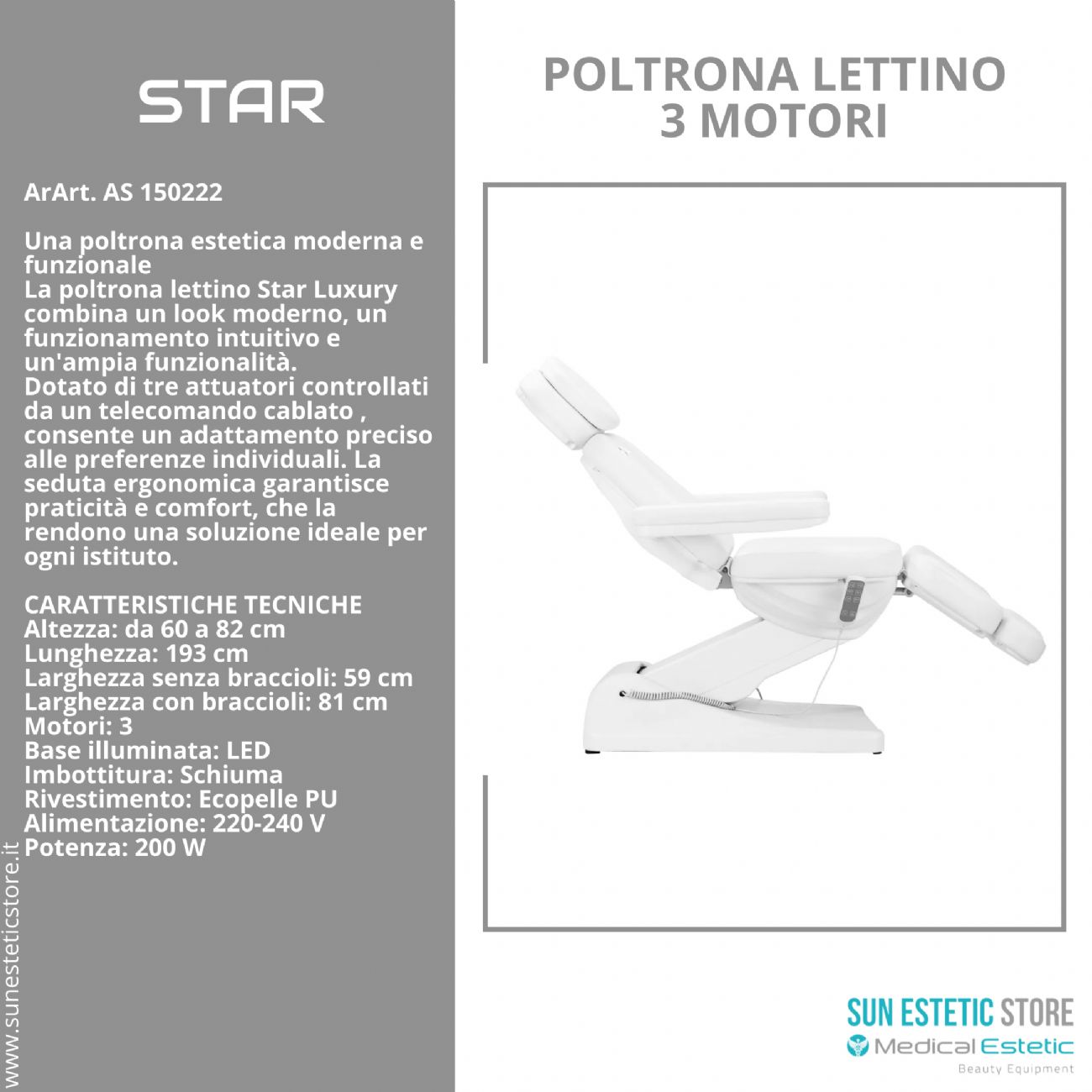 Star poltrona lettino luxury a 3 motori per estetica