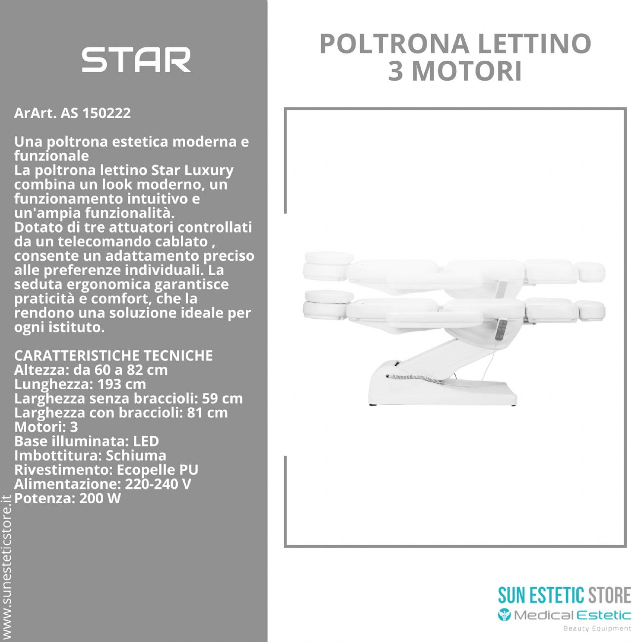 Star poltrona lettino luxury a 3 motori per estetica