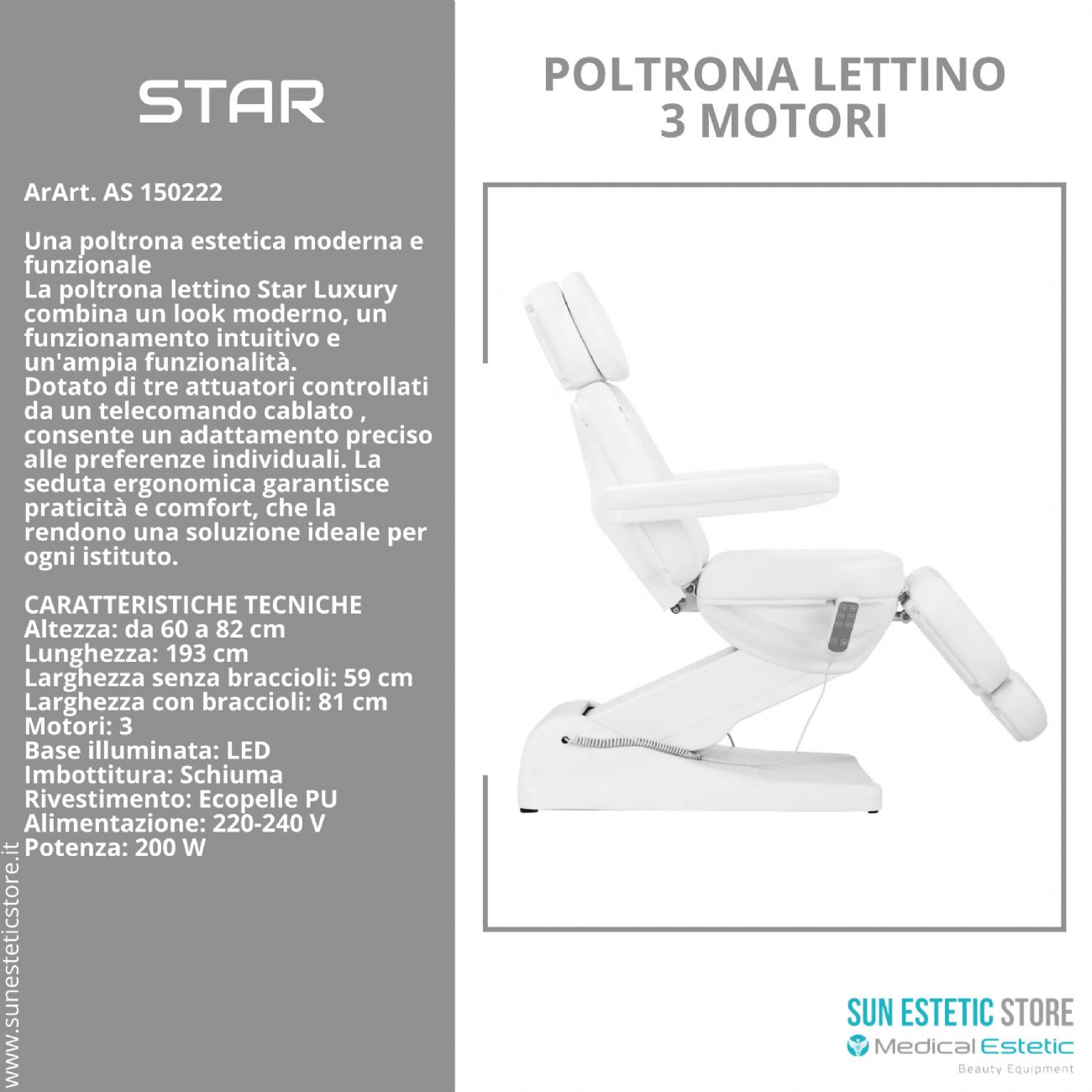 Star poltrona lettino luxury a 3 motori per estetica