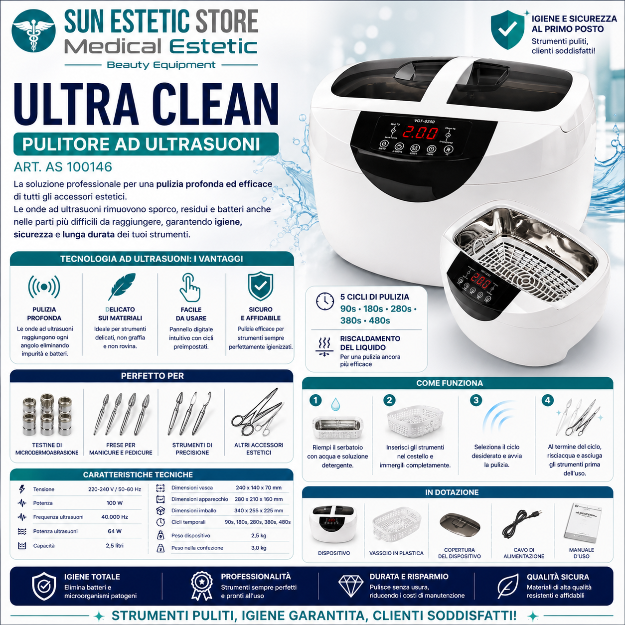 Ultra Clean pulitore ad ultrasuoni per attrezzi estetici