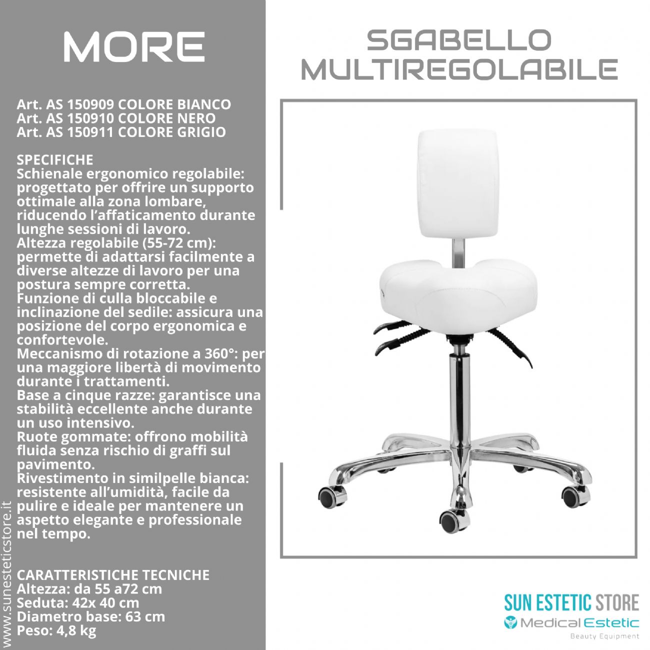 More sgabello multiregolabile per estetica podologia