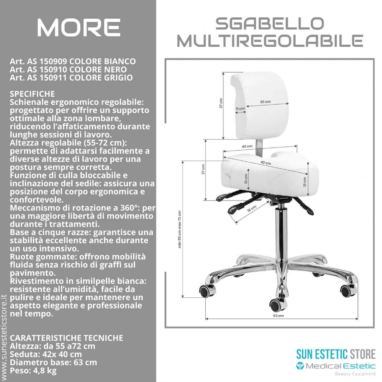 More sgabello multiregolabile per estetica podologia