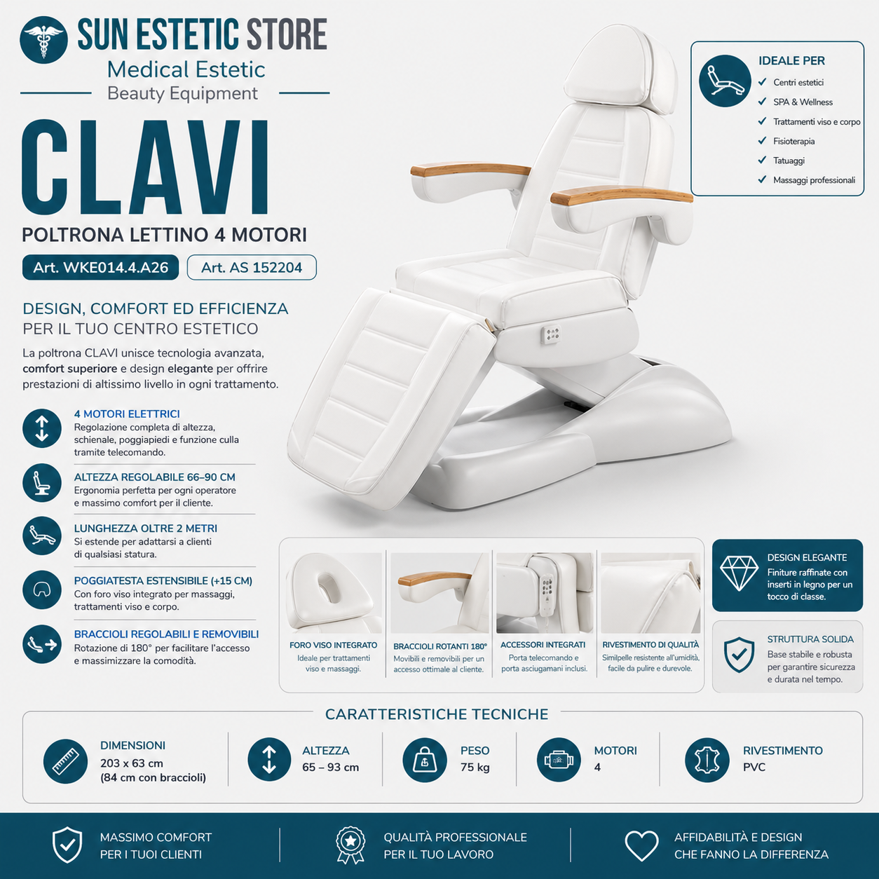 Clavi poltrona lettino multifunzionale studio estetica 3 segmenti 4 motori