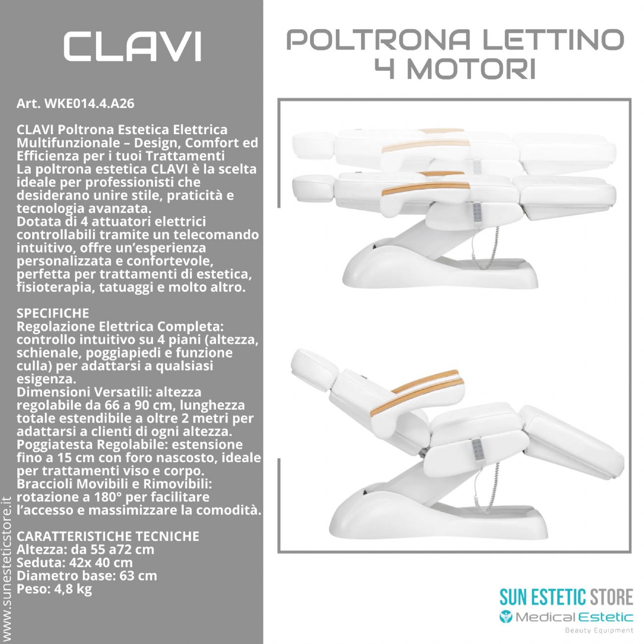 Clavi poltrona lettino multifunzionale studio estetica 3 segmenti 4 motori