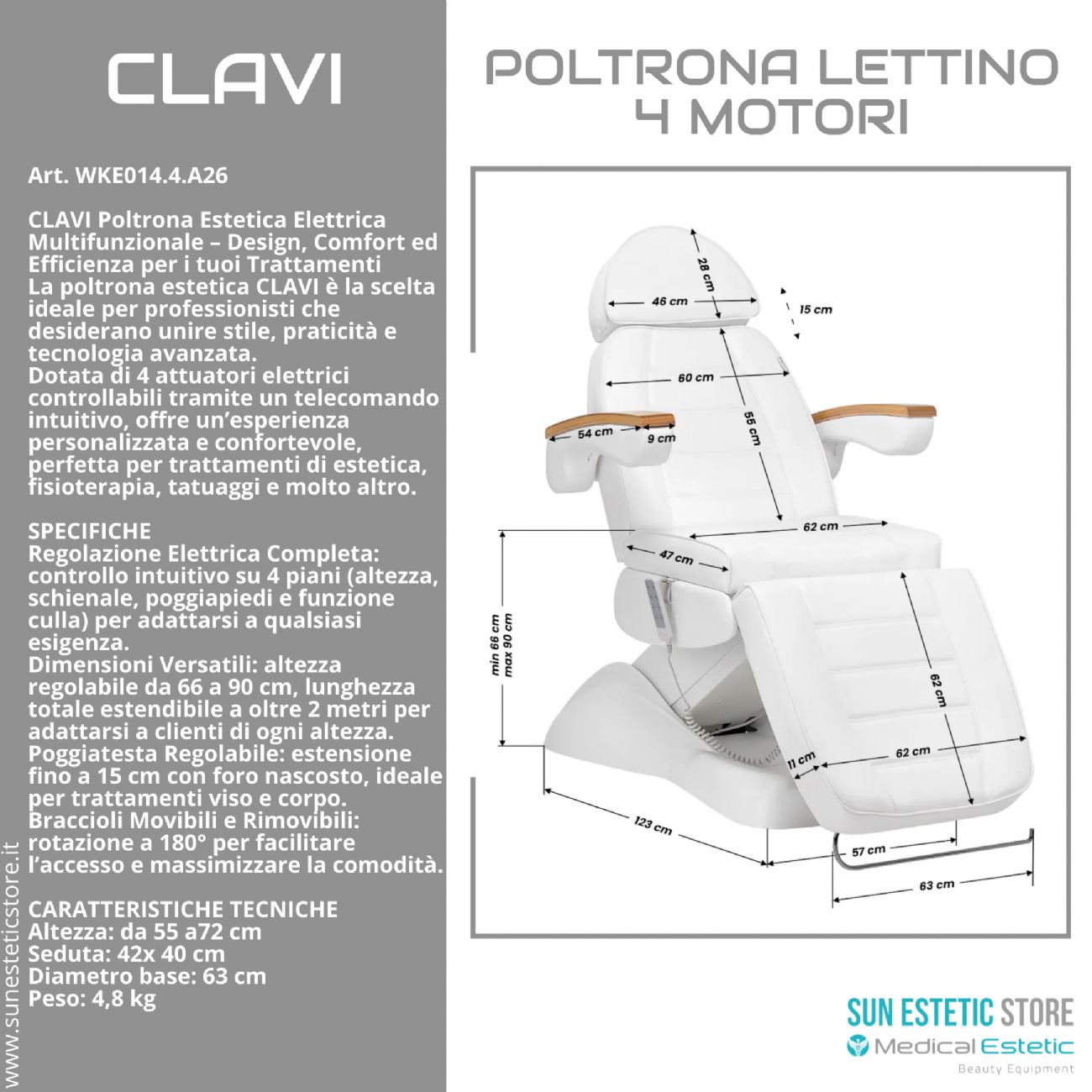 Clavi poltrona lettino multifunzionale studio estetica 3 segmenti 4 motori