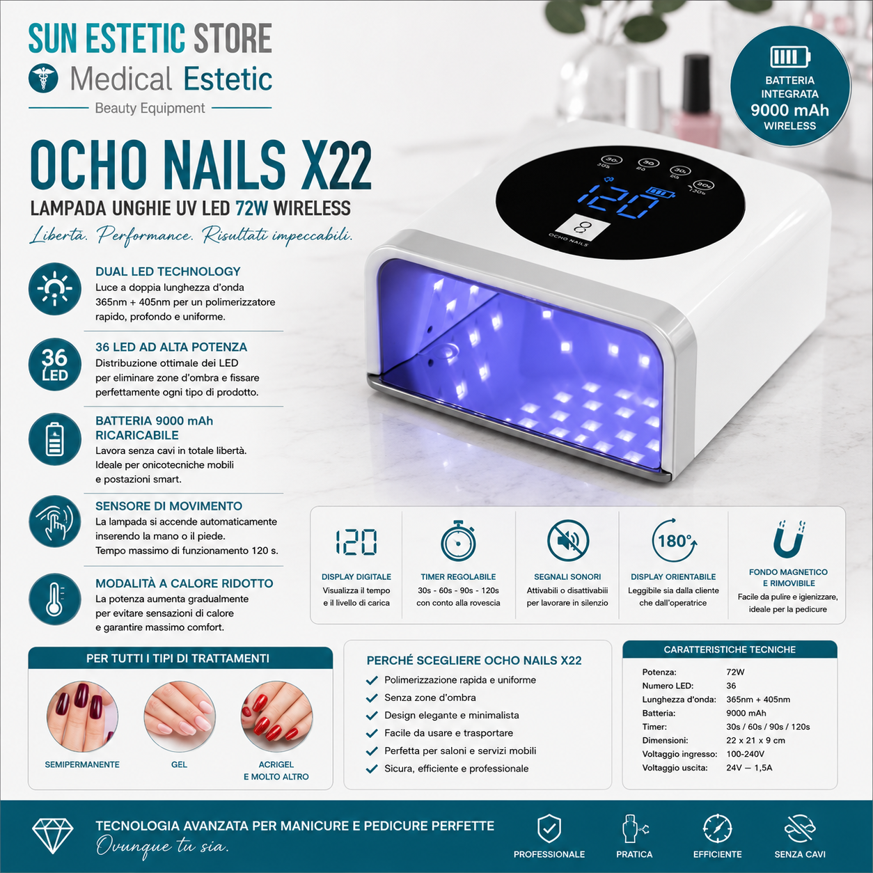 Ocho Nails X22 lampada UV Led 72W Wireless per gel unghie