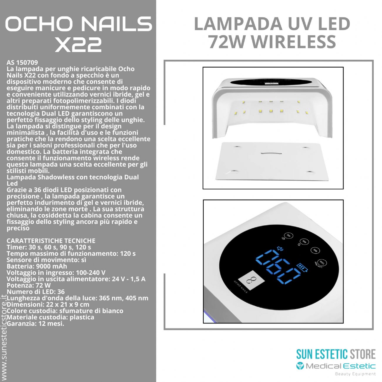 Ocho Nails X22 lampada UV Led 72W Wireless per gel unghie