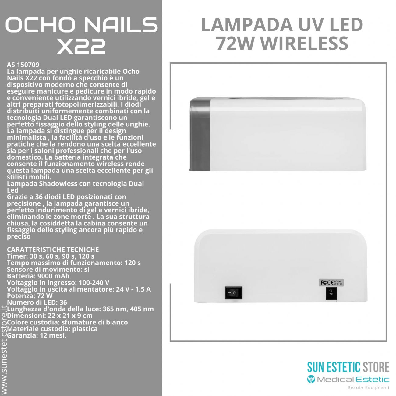 Ocho Nails X22 lampada UV Led 72W Wireless per gel unghie