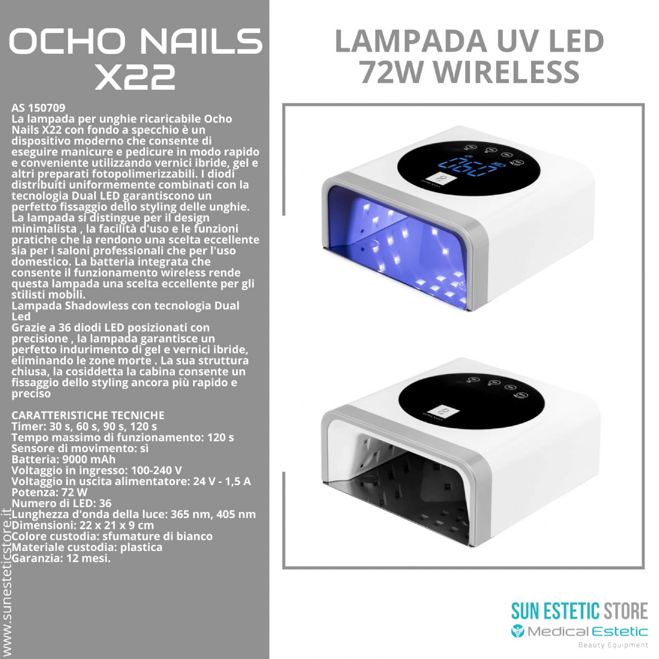 Ocho Nails X22 lampada UV Led 72W Wireless per gel unghie