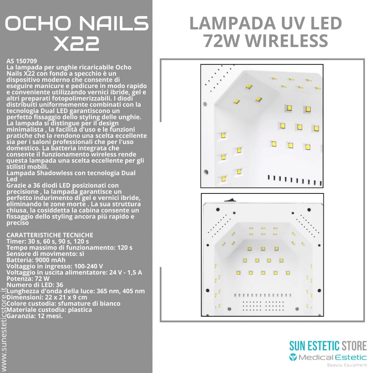 Ocho Nails X22 lampada UV Led 72W Wireless per gel unghie